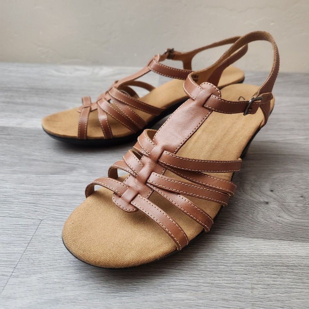 Clarks‎ Emily2 Rose Tan Leather Strappy Wedge Sandals Size 11 Buckle Ankle Strap